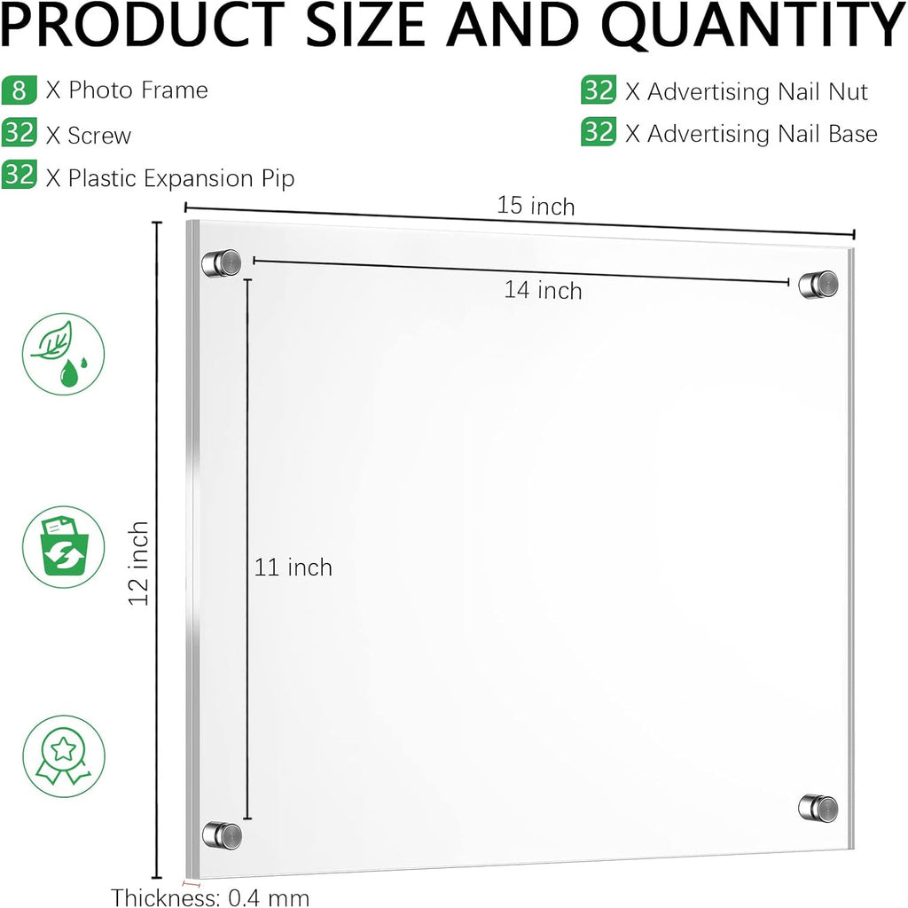 8 Pack Acrylic Floating Picture Frame Wall Mount Frameless Photo Frames Double Panel Clear Home Photography Display