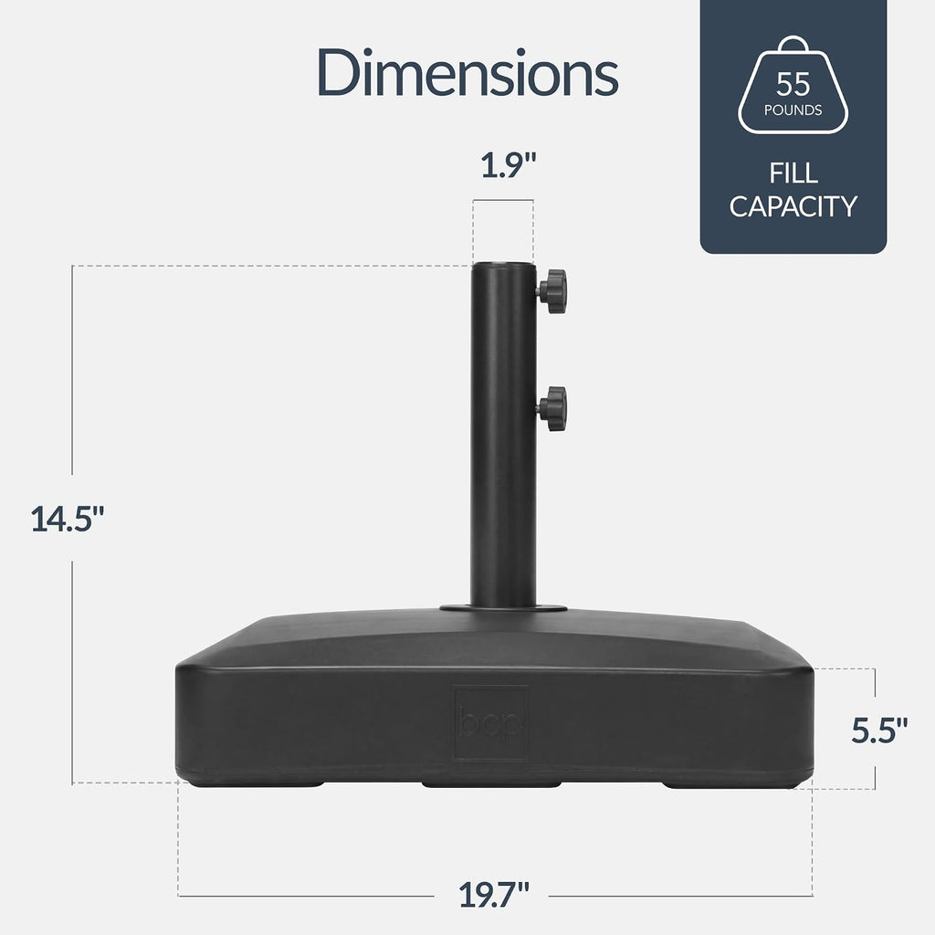 55lb Fillable Umbrella Base Stand, Plastic Patio Umbrella Stand with Pole Holder, Adjustment Knob Asscher Design - Black