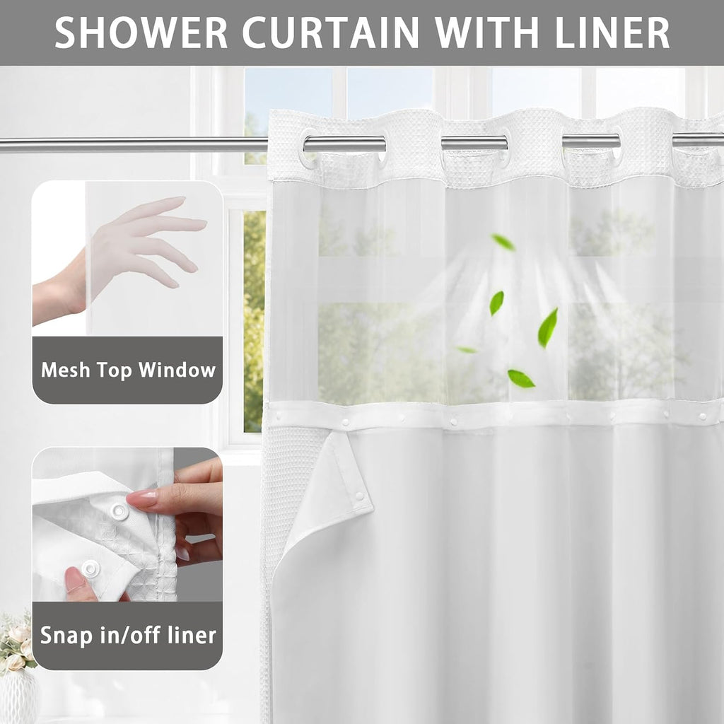 No Hook Shower Curtain with Snap in Fabric Liner,Waffle Hotel Style Waterproof Bathroom Curtain Set White 75" L x 72"