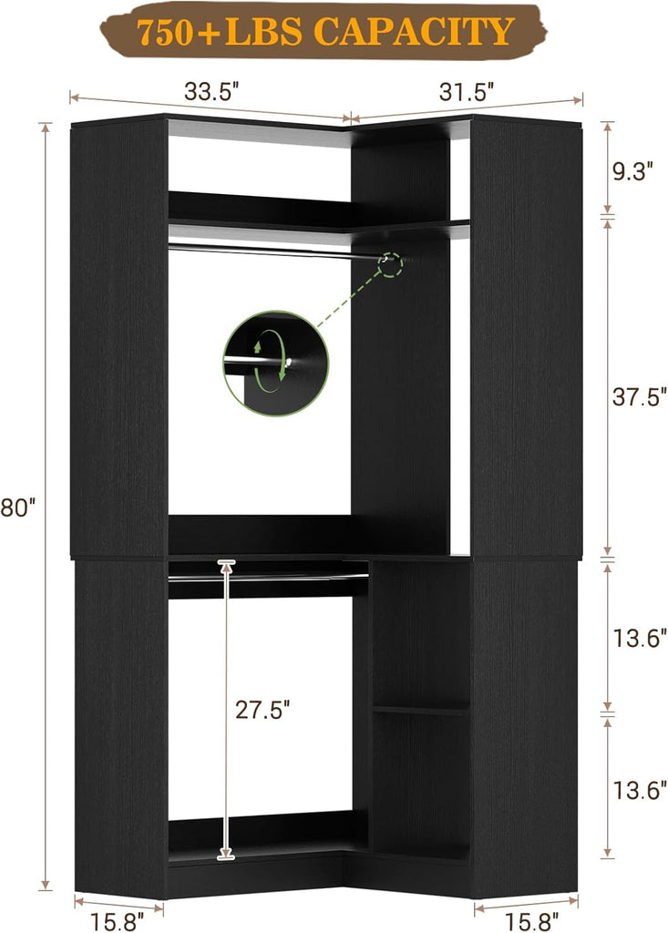 Corner Closet System with Shelves, Closet Organizer System with Hanging Rods, Wood Walk-in Closets for Corner Small