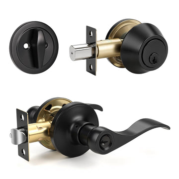 1 Set of Front Exterior Door Knob Set with Single Cylinder Deadbolts in Matte Blac Finish, All Keyed Same Combo Pack