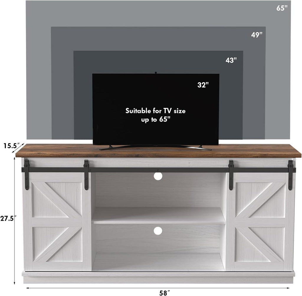 TV Stand for 65 Inch TV, Sliding Barn Doors, Bright White | Farmhouse Entertainment Center, Storage Cabinets