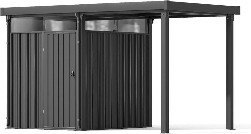2-in-1 Outdoor Storage Shed, 7' x7' Galvanized Steel Metal Shed with 7' x 7' Porch Pergola Gazebo Outdoor Studio Open-Sided Firewood Shed for Backyard Patio Garden Lawn