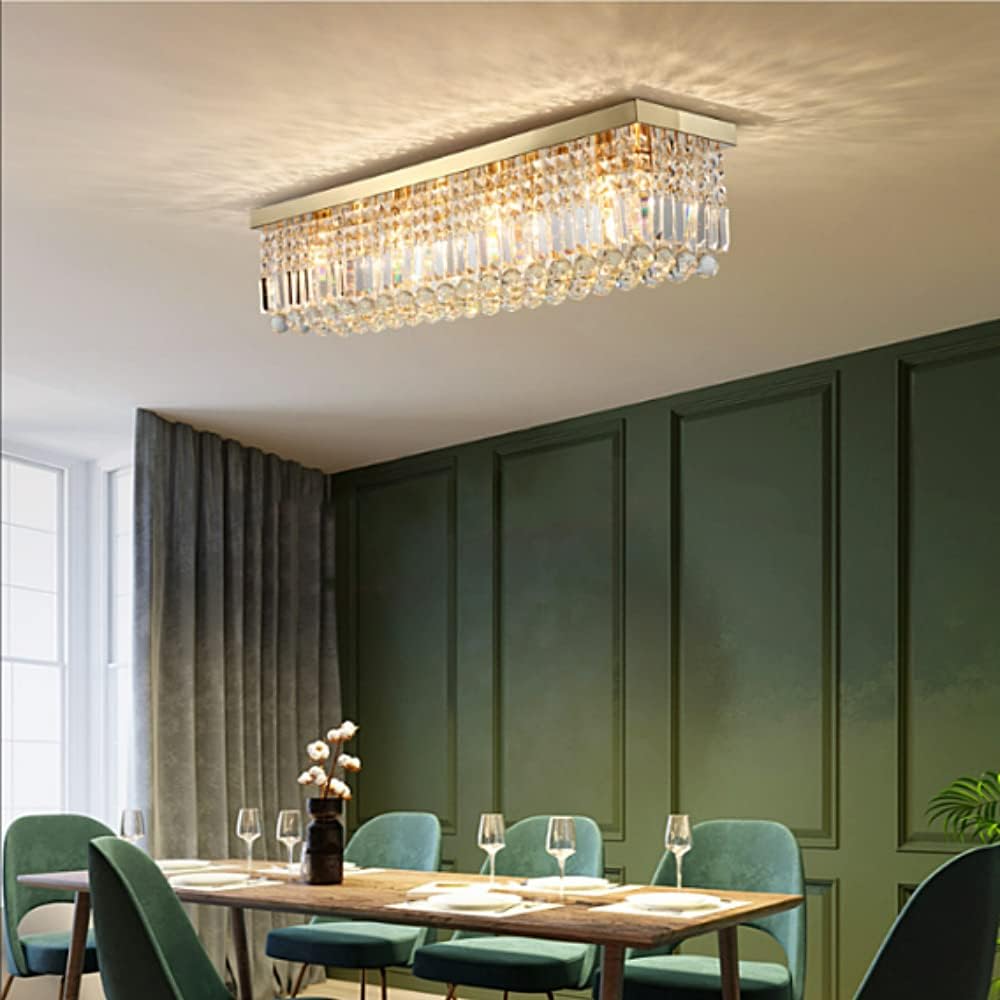 Rectangular Chandelier, Modern Dining Room Light Fixture with Raindrop Chandelier Crystals, 8 Lights Flush Mount