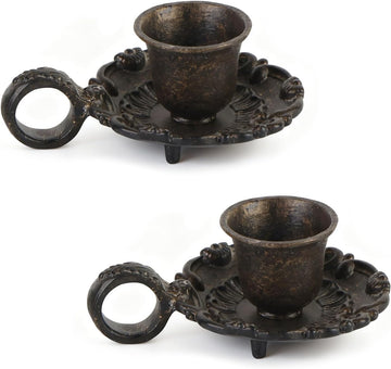 Vintage Small Brown Taper Candle Holders Set of 2, Handle Design | Old Fashioned Rustic Metal Candlestick Stand for