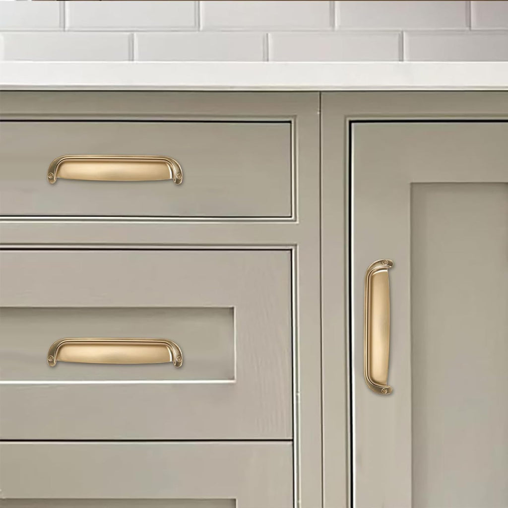 10 Pack 3"(76mm) Hole Center Retro Satin Brass Drawer Pulls Brushed Brass Cabinet Bin Cup Pulls Bathroom Hardware