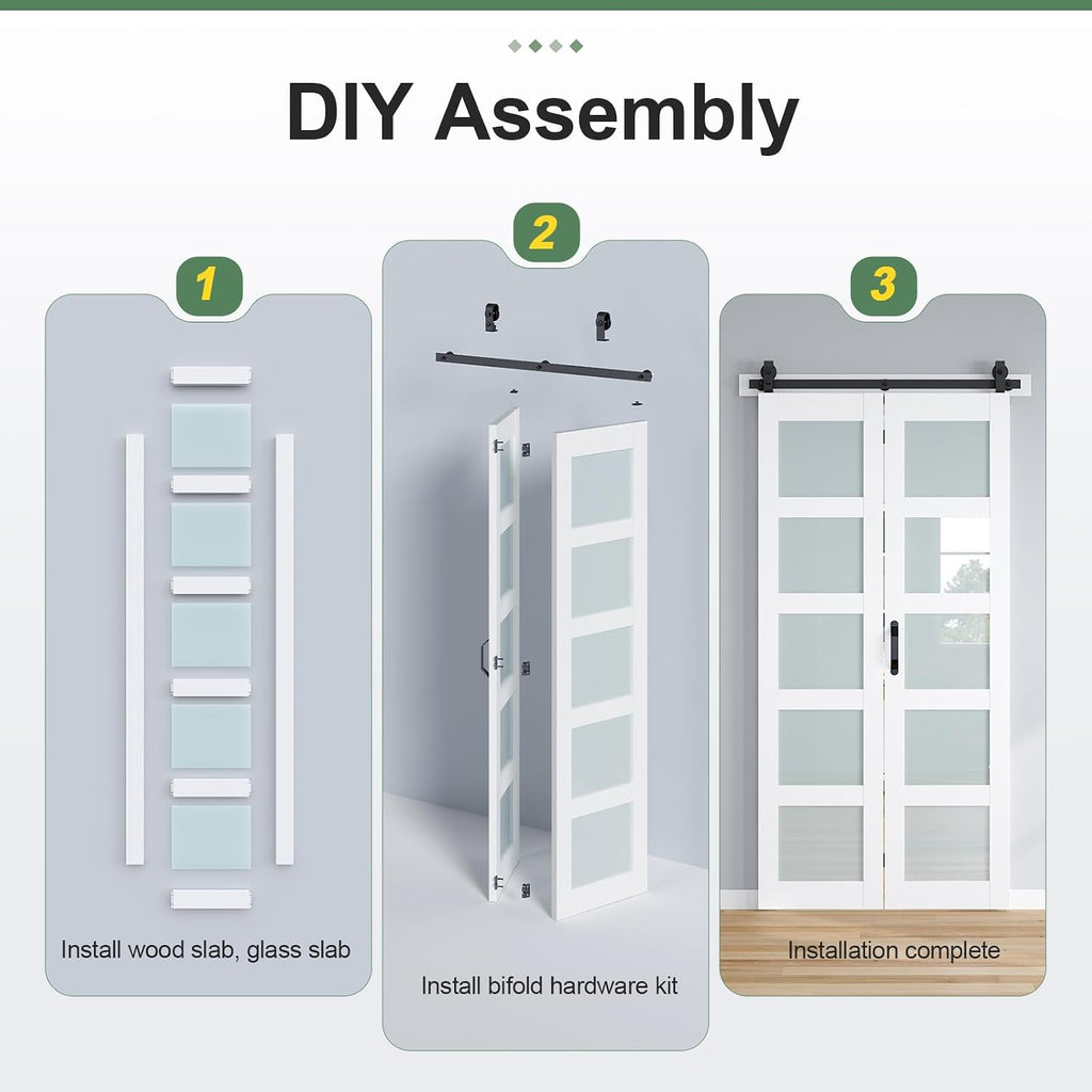 Bifold Barn Door 48x84 Inch (Double 24x84), White Frosted Glass Bifolding Doors with 52" Hardware Kit Included, Closet