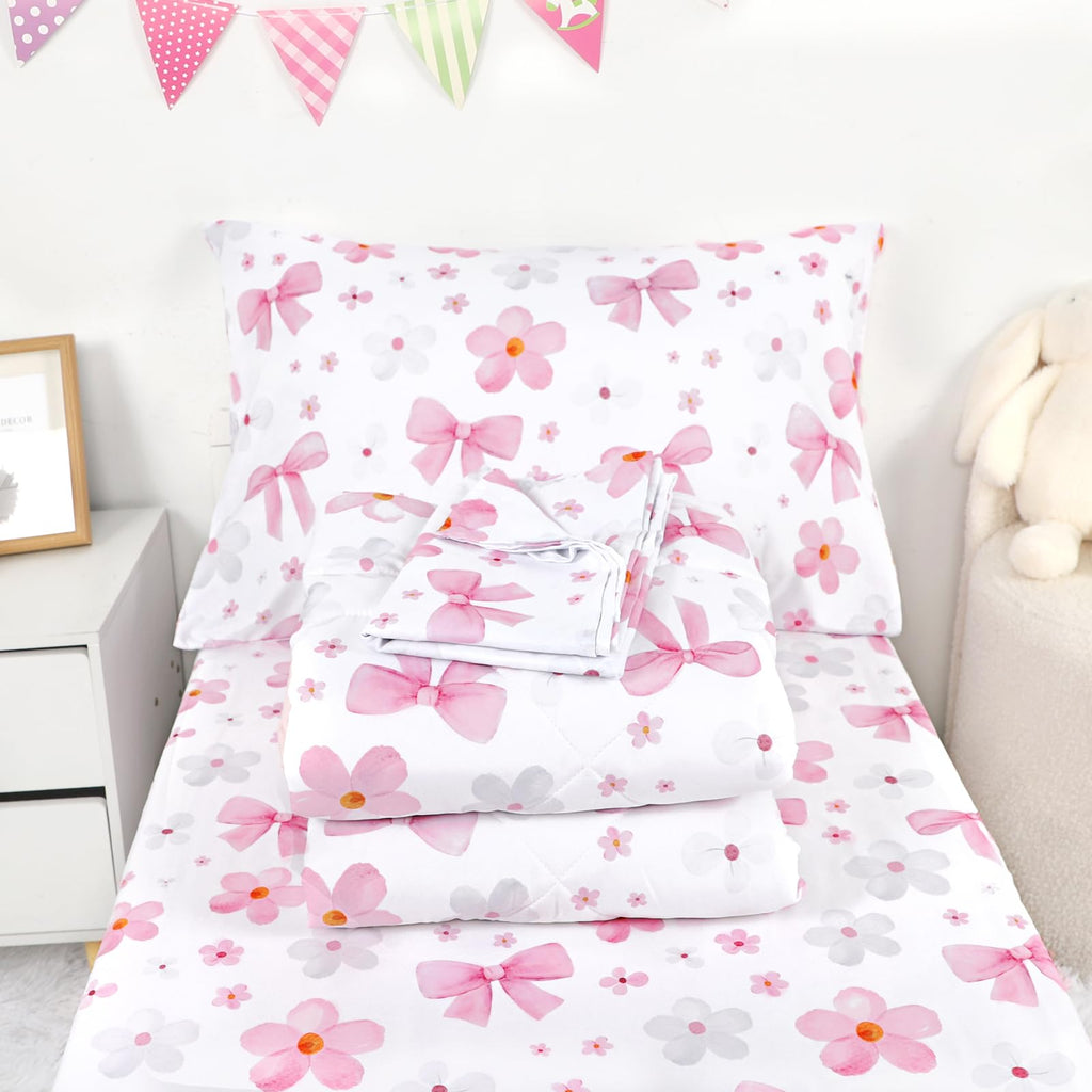 Toddler Bedding Set for Girls - 4 Piece Bow Toddler Comforter Set Includes Fitted Sheet, Comforter, Pillowcase & Flat