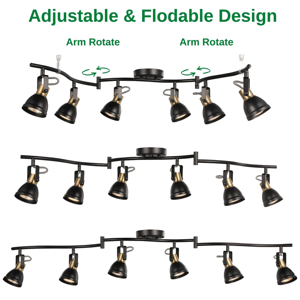 6 Light Foldable Track Lighting Kit,Matt Black Brass Finish Adjustable with Moden Ceiling Flush Mount Spotlight