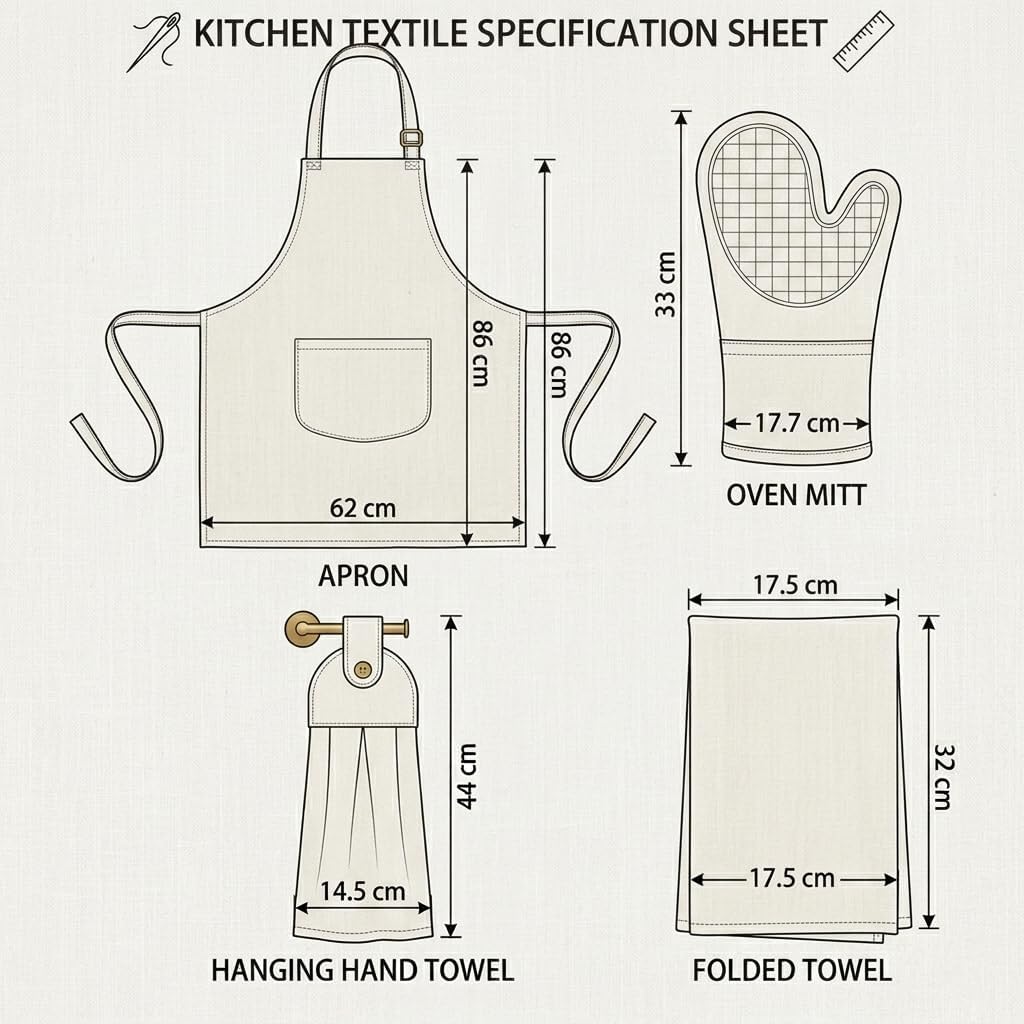 4-Piece Kitchen Linen Set, Apron, Oven Mitt & Towel Gift | Complete 4-piece cotton kitchen linen set designed for