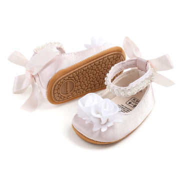 Girls Mary Jane Flats with Rose Flowers Wedding Uniform Dress Shoes Soft Anti-Slip Sole Infant Newborn Crib First