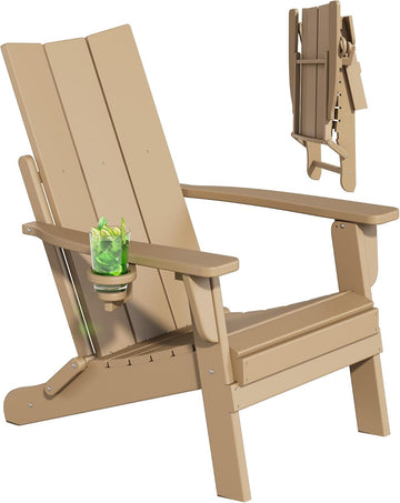 Folding Adirondack Chairs, All-Weather Resistant HDPE Patio Firepit Chairs, Sturdy Outside Chairs with Cup Holder