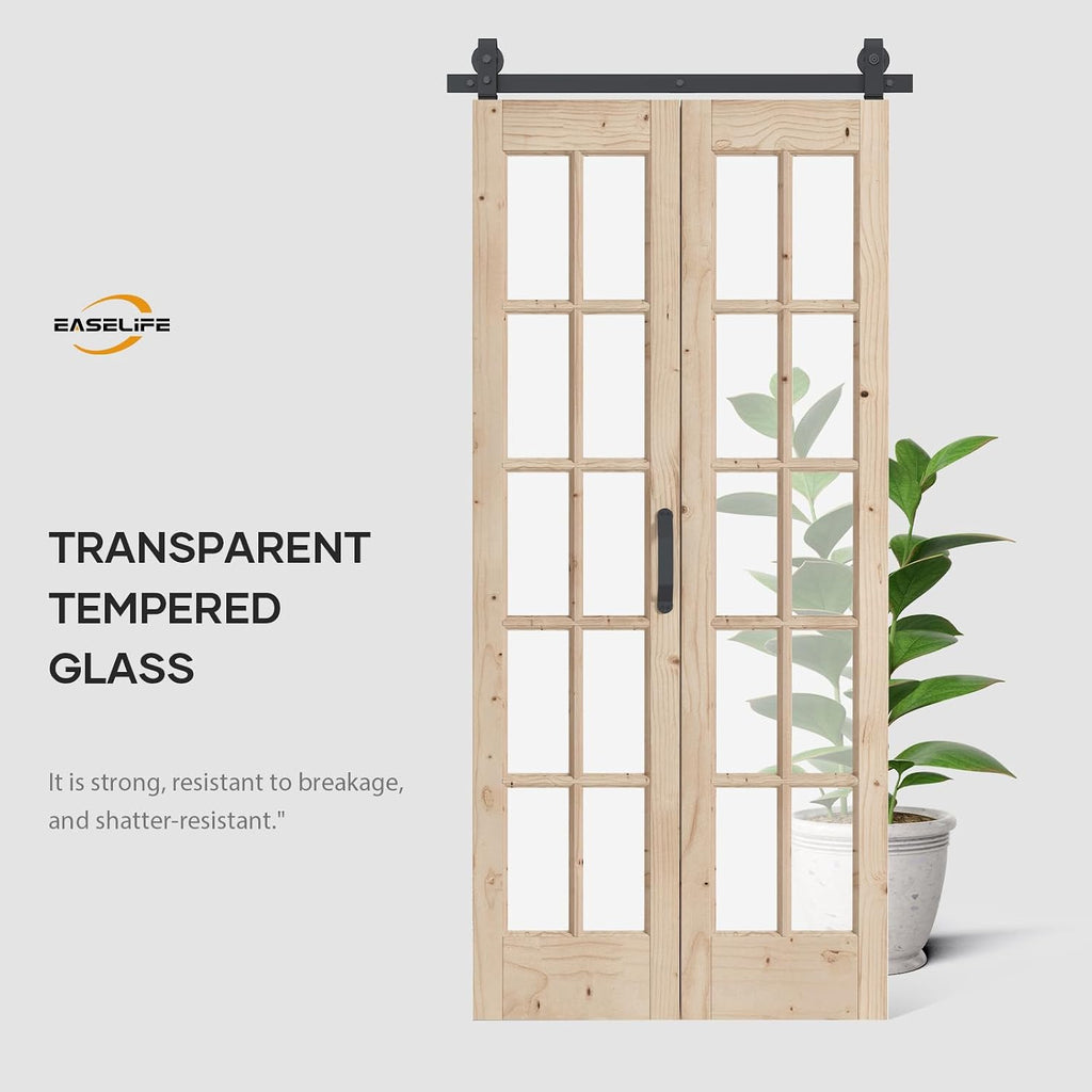 36 x 84 in (Double 18x84 inch) Bifold French Glass Door,Sliding Folding Barn Doors with 3.3FT Hardware Track kit