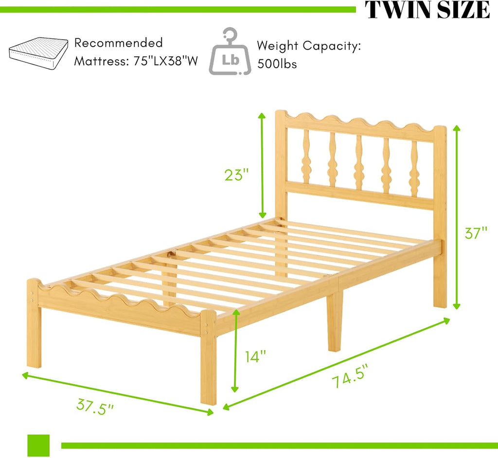 Bamboo Queen Bed Frame with Headboard, 14 inch Solid Wood Platform Bed Frames Queen with Metal Slats, No Box Spring