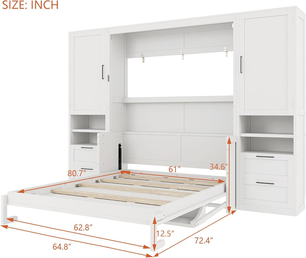 Murphy Bed Queen with Small Desk, Queen Wall Murphy Bed with Wardrobe, Drawers and Storage Shelves, No Box Spring
