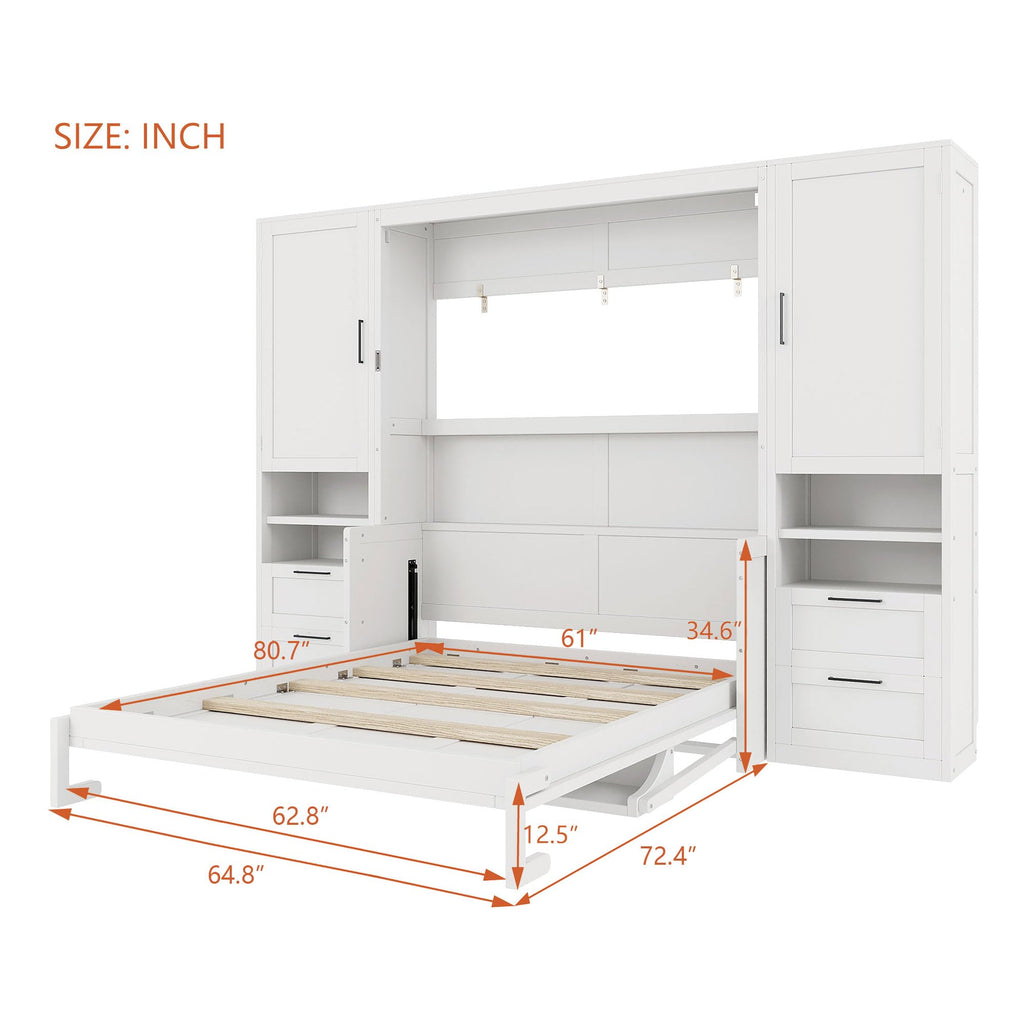 Queen Size Murphy Bed with Desk, Multifunctional Foldable Wall Bed with Closet, Drawers and Shelves, Space-Saving