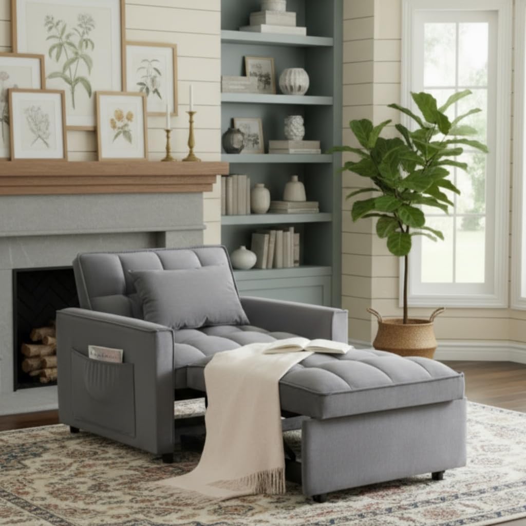 Sleeper Chair, Pull Out Chair Sleeper with Adjustable Back & Pocket, Convertible Chairs Bed Sleepers for Adults, 3 in