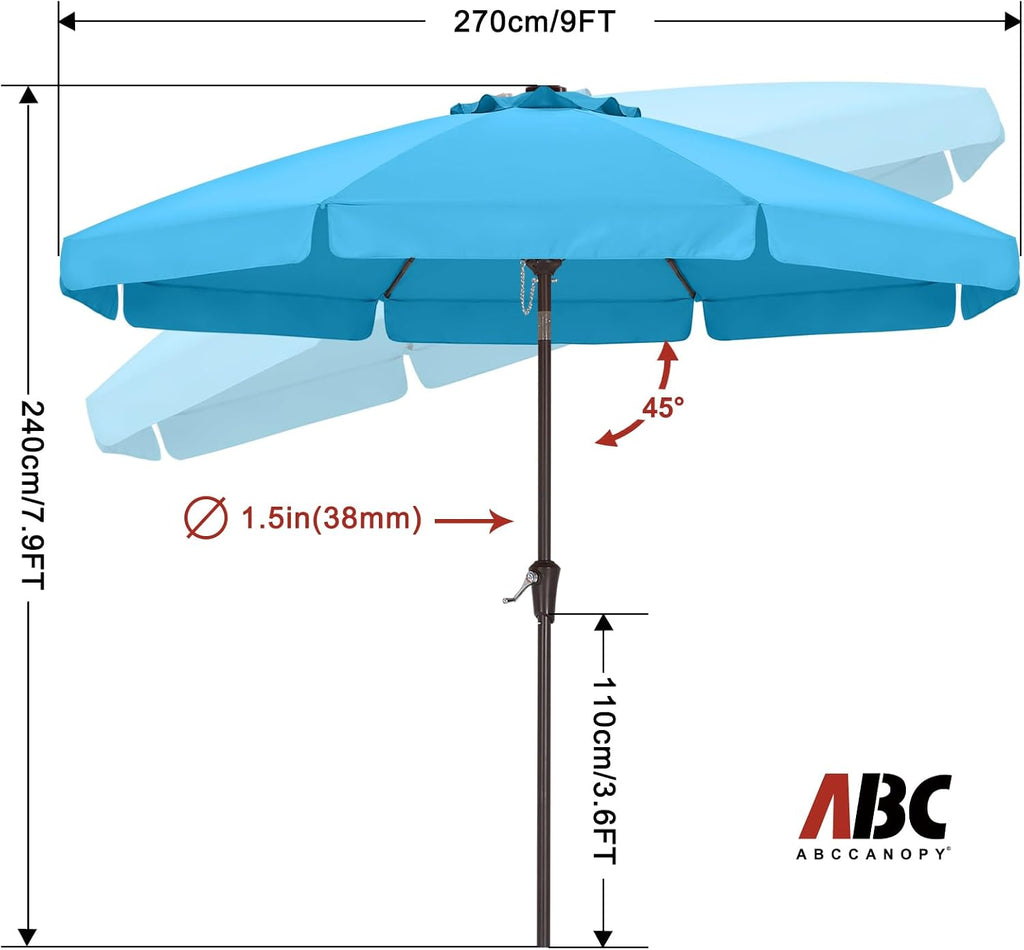 9ft Scalloped Patio Umbrella, Outdoor Table Umbrella with Tilt and Crank, Fiberglass Ribs Deck Umbrella Pool, Garden