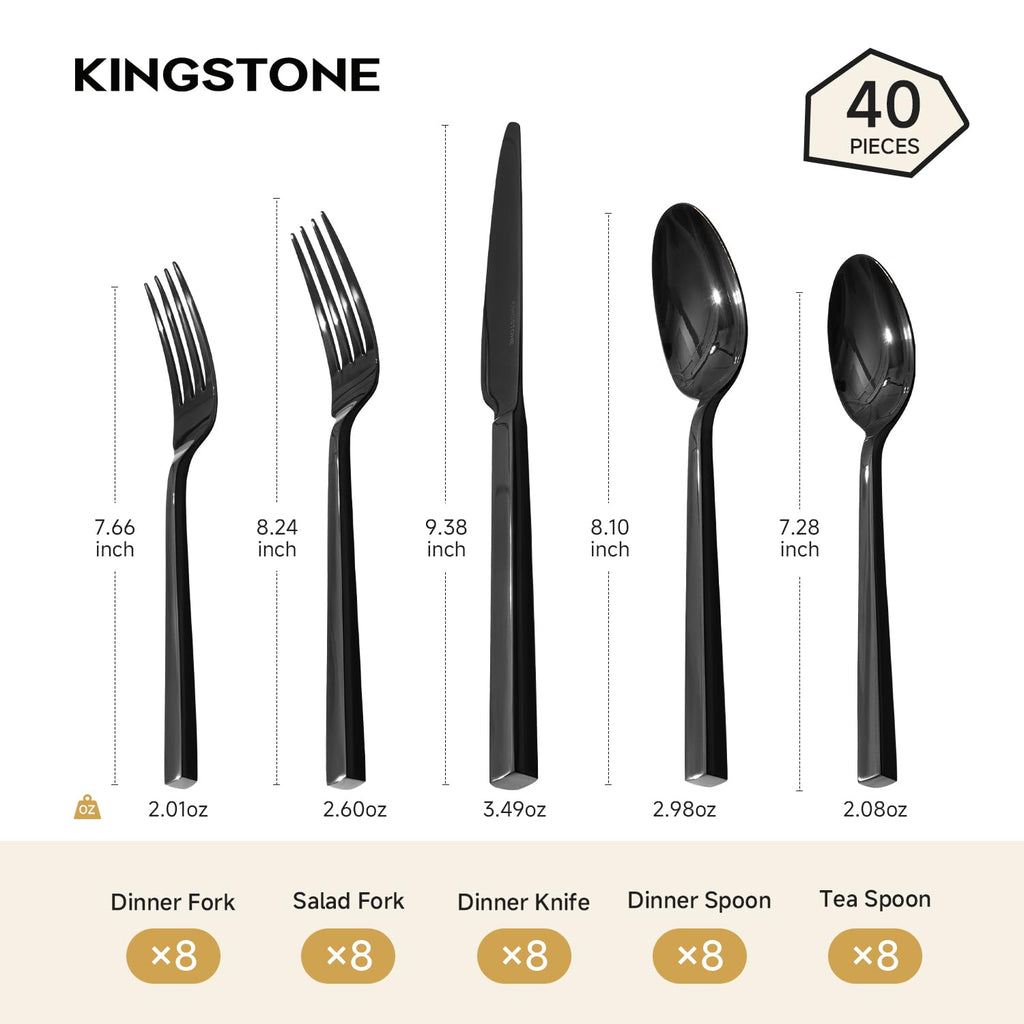 Black Silverware Set for 8, 40 Piece Flatware Set, Stainless Steel