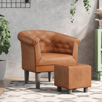 Modern Lounge Chair and Ottoman — Brown Faux Leather