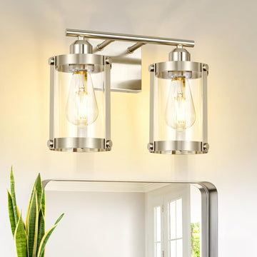 2-Light Brushed Nickel Bathroom Light Fixtures, 13.8 Inch Modern Bathroom Vanity Lighting Fixtures Over Mirror with