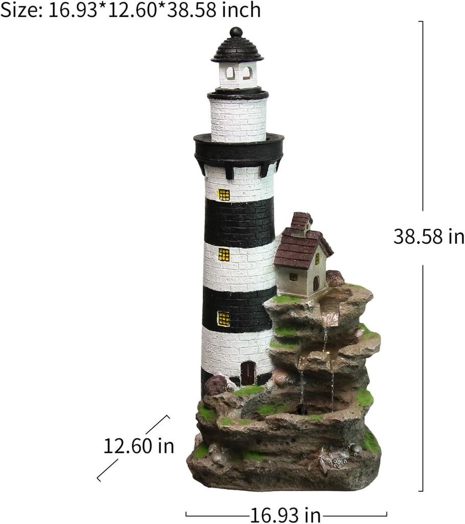 Outdoor Lighthouse Waterfall Fountain 38.58" Tall 3-Tiered Rock Water Feature with LED Lights Décor
