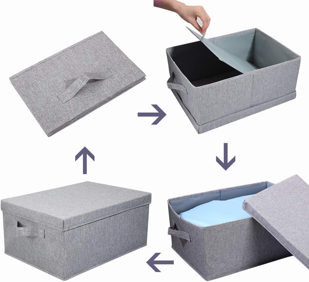 Linen Foldable Storage Bins with Lids, 2 Pack, Storage Boxes with Carrying Handles and Sturdy Heavy Cardboard, 16.5"