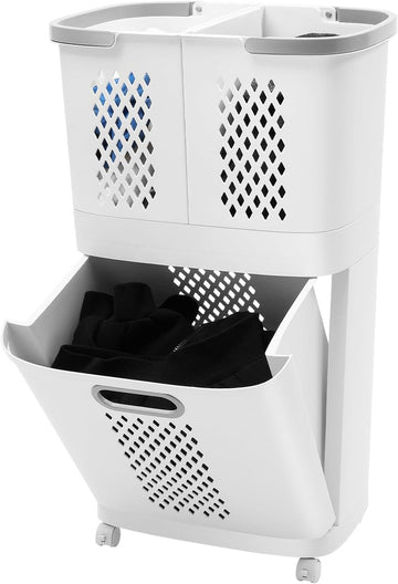 2 Tier Laundry Basket with Wheels & Handle, White Laundry Hamper Plastic 2 Section Laundry Sorter Floor-Standing