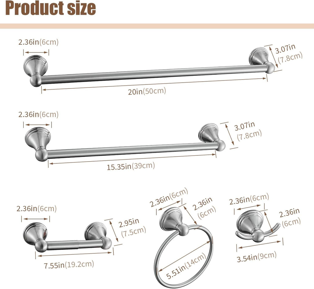 Nickel Bathroom Hardware Set, 5-Piece Bath Accessories Set Wall Mount Includes 20 in Towel Bar, 16 in Towel Bar