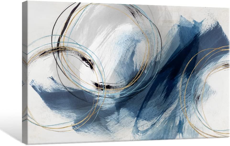 Indigo Blue and Gold Wall Decor Abstract Wall Art Paintings Gray Canvas Pictures Fantasy Graffiti Framed Artwork