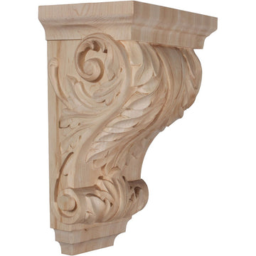 8 1/2"W x 6 1/2"D x 14"H Large Wide Acanthus Wood Corbel, Alder