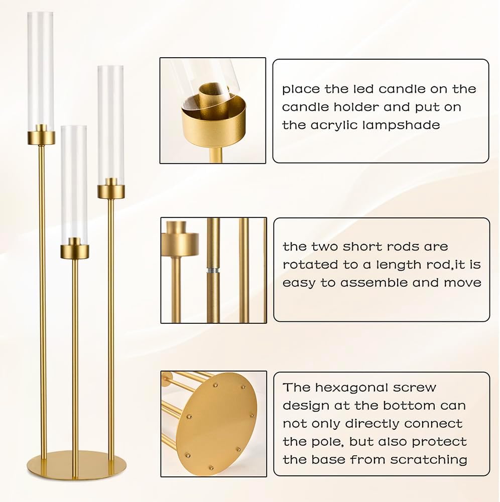 16PCS Gold Candle Holders, 3 Arm Candelabra Centerpiece with Acrylic Lampshade, Tall Metal Candlestick Holder Stand