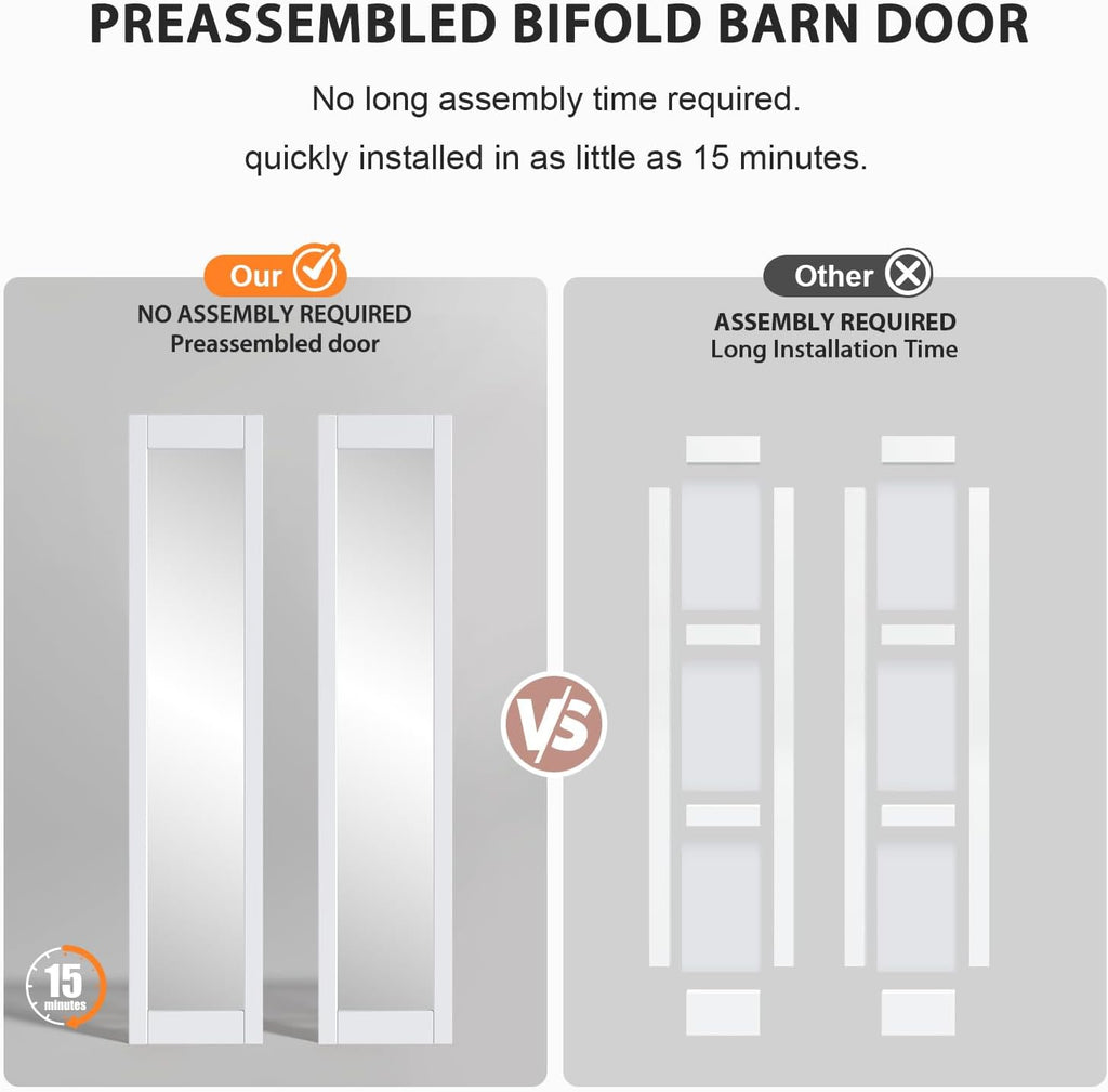 Bifold Barn Doors Double 15x84 with Mirror for Closet,White,Hardware Included