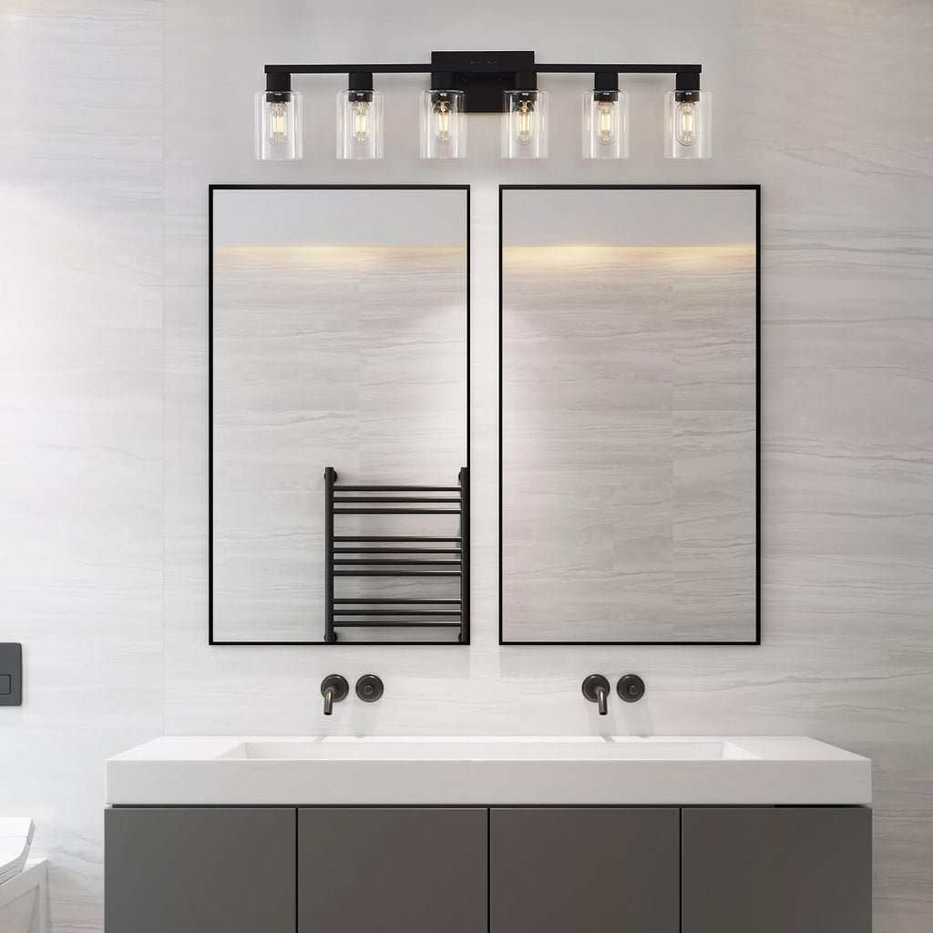 Black Bathroom Light Fixtures, 6-Light Bathroom Lighting Fixtures Over Mirror with Clear Glass Shade, Matte Black