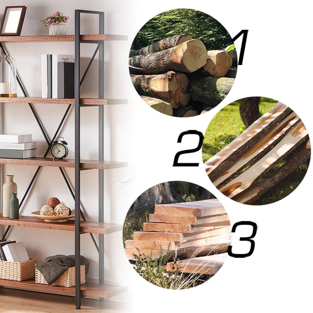 5 Tier Industrial Solid Wood Bookshelf, Distressed Brown