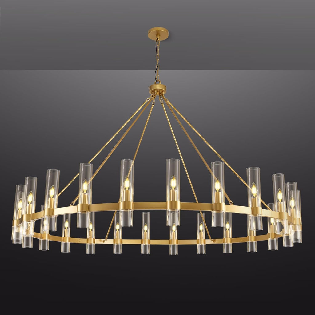 Gold Wagon Wheel Chandelier, 70 Inch Glass Chandeliers, 24 Light Chandelier for High Ceiling, Modern Farmhouse Chandeliers for Living Room, Dining Room, Entryway, Stairwell (Bulbs Included) A115-B0F29GMXHN
