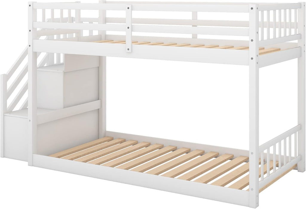 Low Bunk Beds Twin Over Twin with Stairs Solid Wood Bunk Bed Frame for Kids Boys Girls Teens, White