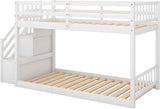 Low Bunk Beds Twin Over Twin with Stairs Solid Wood Bunk Bed Frame for Kids Boys Girls Teens, White