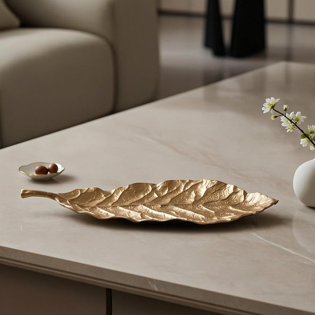 Decorative Tray Cast Aluminum Leaf Tray Metal Catchall Dish Organizer with Elongated Shape and Veined Texture