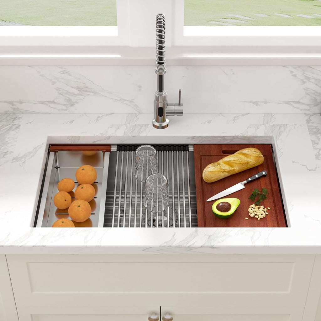 32 Kitchen Sink Undermount 32 x 19 Inch Undermount Sink Workstation | Premium 16 Gauge Stainless Steel Deep Single