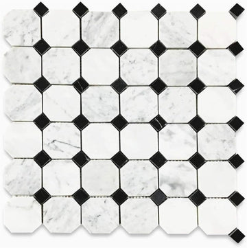 Carrara White Marble 2 Inches Octagon Mosaic Tile with Nero Marquina Black Dots - Polished Natural Stone