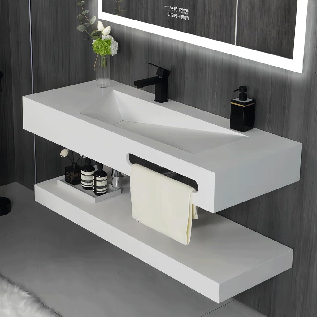 48"x19" Wall-Mount Stone Resin Bathroom Sink Rectangular Vessel Sinks for Bathroom Floating Vanity Sink Trough