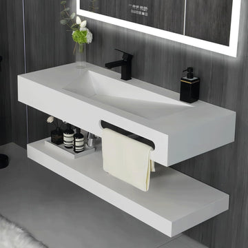 48"x19" Wall-Mount Stone Resin Bathroom Sink Rectangular Vessel Sinks for Bathroom Floating Vanity Sink Trough
