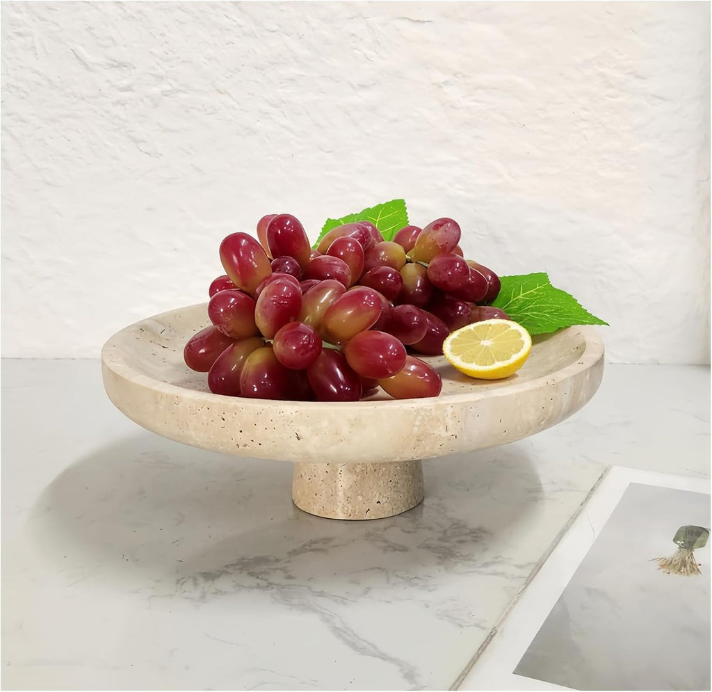 Natural Travertine Fruit Bowl Counter 10.2",Large Decorative Bowl & Travertine Bowl Pedestal Counter & Dining Table