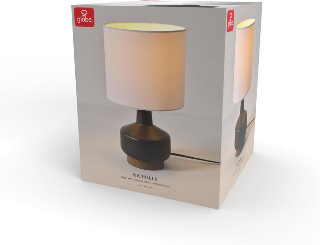 15" Ceramic Table Lamp, Matte Black Base, Wood-Toned Accent, White Linen Shade, Dual Rotary Switch