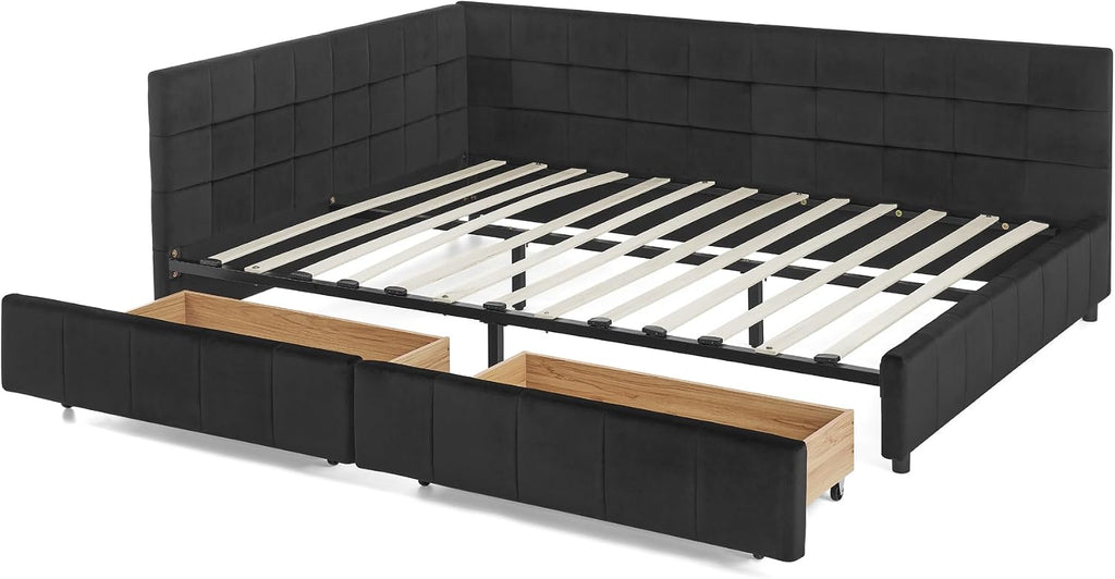 Queen Size Daybed with Storage Drawers, Upholstered Corner Bed with L Shaped Headboard, Velvet Daybed Frame Guest