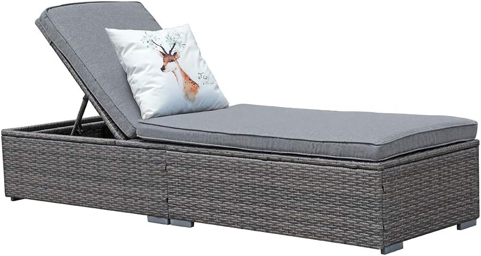 Outdoor Chaise Lounge Chair with Adjustable Backrest, 1 Piece, Gray | All-Weather PE Wicker Patio Pool Lounge Chairs