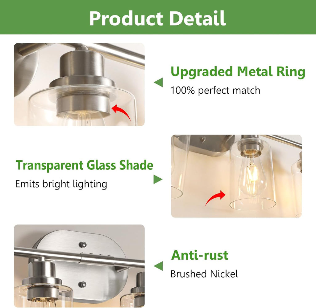 4-Light Bathroom Light Fixtures, Modern Vanity Lights with Clear Glass Shade, Brushed Nickel Wall Lamp Mirror Hallway