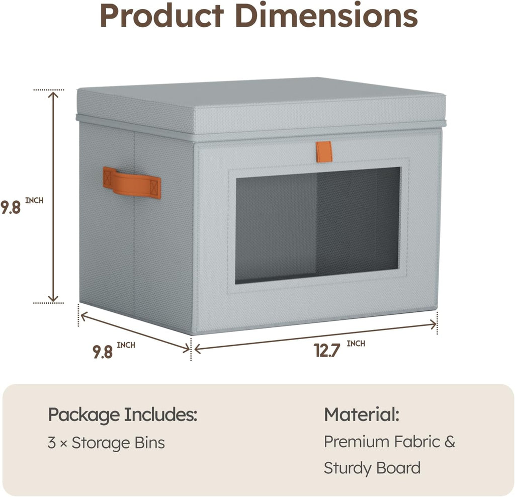 Storage Bins with Lids - Front Opening Storage Box with Clear Window & Handles, Stackable Foldable Fabric Bins for