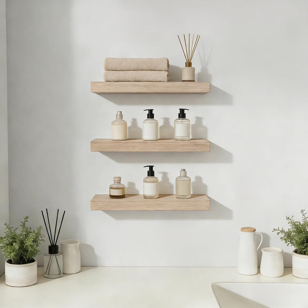 Floating Shelves, Wall Mounted Set of 3 Rustic Wooden Ledge Shelves Decorative - Sleek Design, Sturdy and Easy to